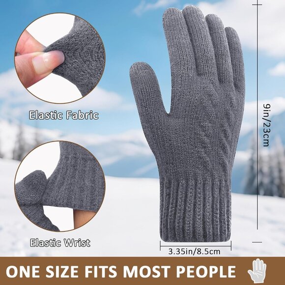 Men's Grey Winter Warm Fleece Lined Anti Slip Knit Touch Screen Gloves - Picture 2 of 6